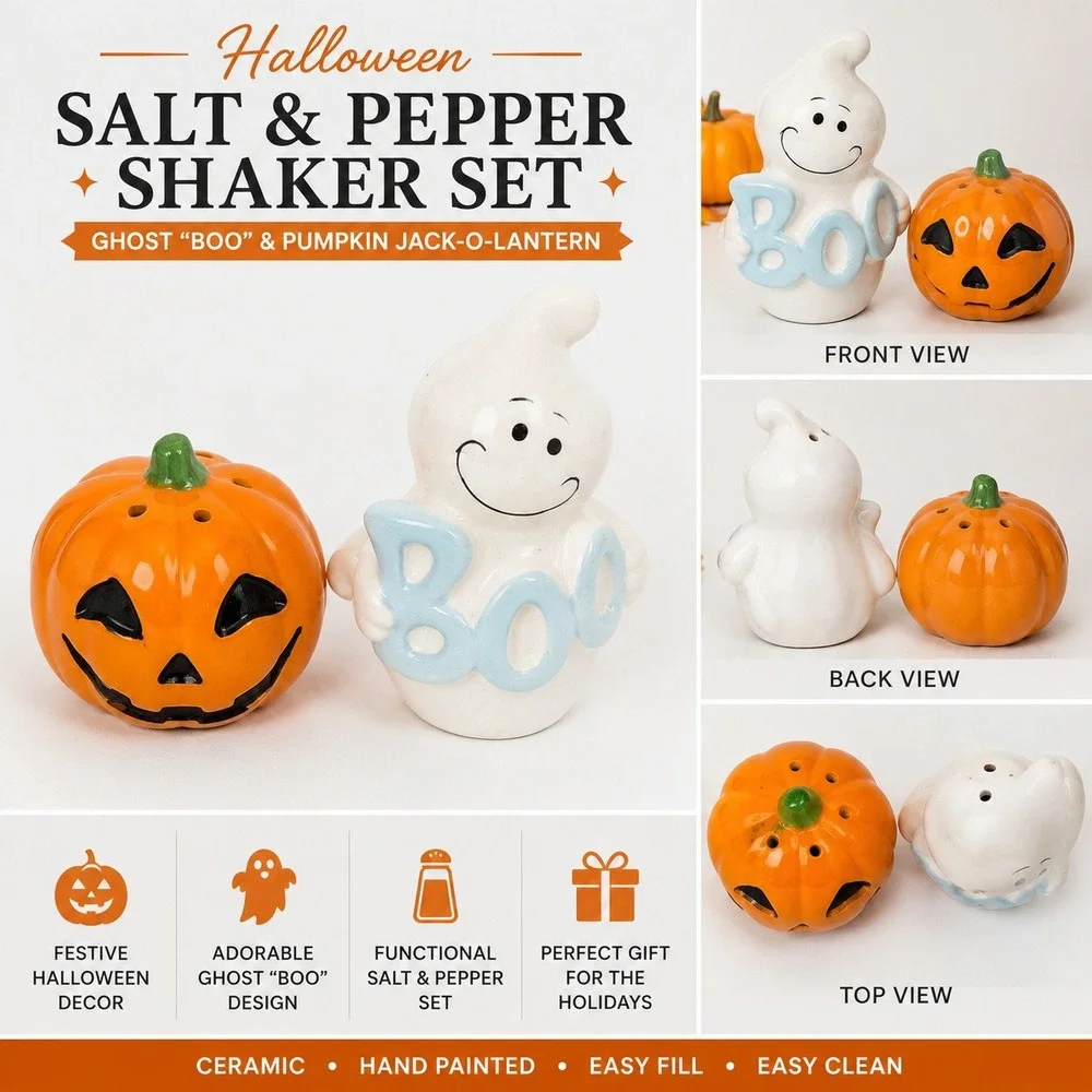 Halloween Ghost Boo and Pumpkin Jack-O-Lantern Ceramic Salt & Pepper Shaker Set